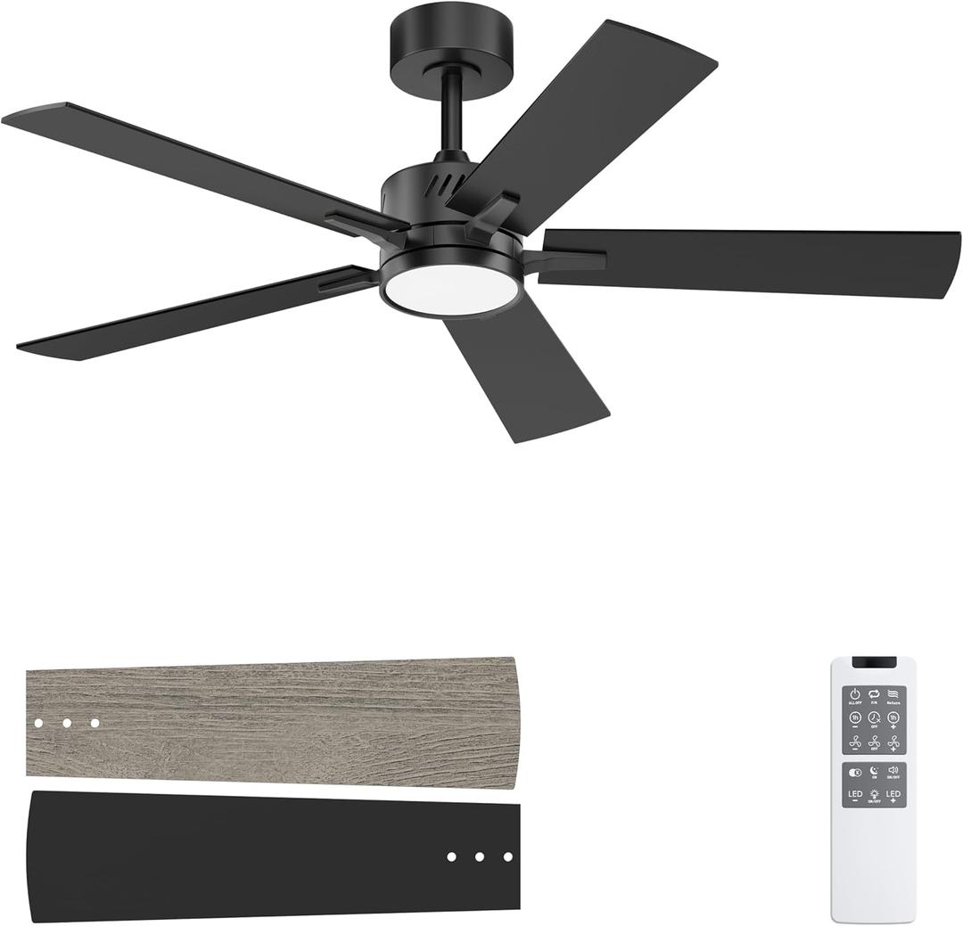 Ohniyou 48'' Ceiling Fans with Lights and Remote, 6 Speeds, 3 Colors & Dimmable LED Light, Quiet DC Motor Black Ceiling Fan for Bedroom Living Room, Downrod Black