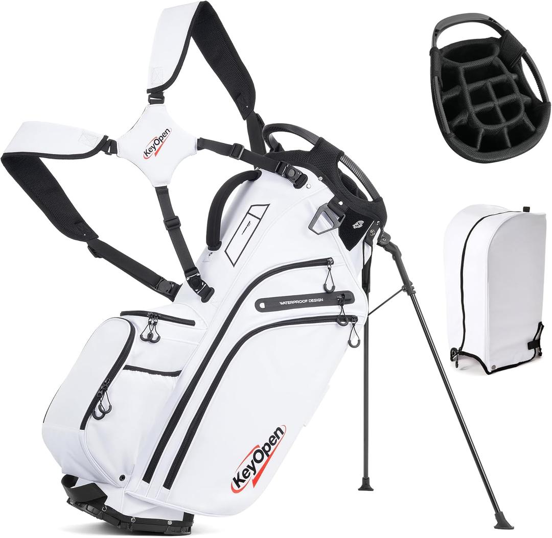 Lightweight Golf Stand Bag, 14 Way Golf Bags with Full Length Dividers for Men Women, Encrypted 900D Weather-Proof Club Carry Bag with Ergonomic Dual Strap, Cooler Pockets, 9 Pockets (White)