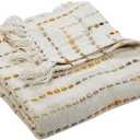 LR Home 50x60 Inch Soft Hand-Woven Farmhouse Throw Blanket - Perfect for Bed, Sofa, Couch, and Living Room Decor - Warm blankets for winter - Striped Fall Blanket - Christmas Gift - Yellow/Cream