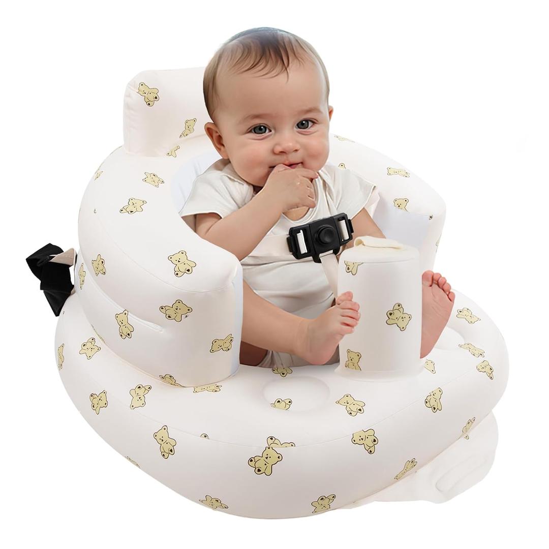 Inflatable Baby Seat with Harness for Babies 3 Months & Up, Baby Floor Chair for Sitting Up, Baby Seats for Infants, Blow Up Baby Chair with Built in Air Pump - Bear (Beige)