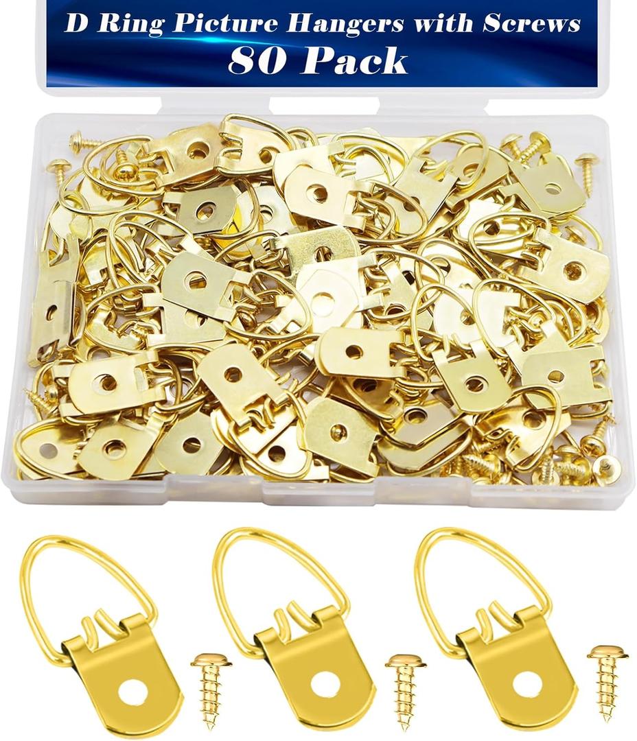 80PCS D Ring Picture Hangers with Screws,Single Hole Picture Hanging Hooks Picture Hanging Hardware,Picture Hooks for Mirror, Frame,Clock, Decoration, Paintings