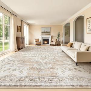 10x14 Area Rugs Washable Rug: Lagre Vintage Living Room Rugs with Non-Slip Backing Low Pile Rug Soft Indoor Floor Carpet Non Shedding Neutral Carpet for Bedroom Dining Room Farmhouse Nursery Beige