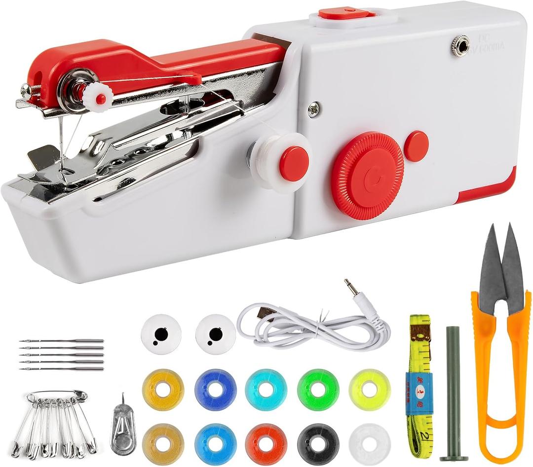 Handheld Sewing Machine, Mini Sewing Machine for Quick Stitching, Electric Portable Sewing Machine for Beginners, Hand held Sewing Device for DIY, Fabrics, Clothes, Home and Travel, White