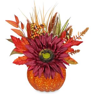Artificial Pumpkin Floral Arrangement with Burgundy Sunflowers & Autumn Leaves  Fall Table Centerpiece for Thanksgiving, Halloween & Harvest Dcor  Rustic Farmhouse Pumpkin Autumn Dcor