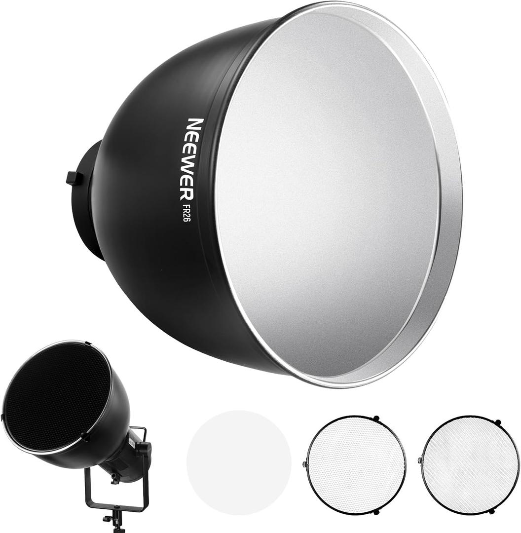 NEEWER 10.4/26.5cm Medium Focus Reflector Bowens Mount with 15/30 Honeycomb Grids & Soft Cloth, 45 Diffuser Lamp Shade Compatible with Godox NEEWER Studio Strobe Flash Light Speedlite, FR26