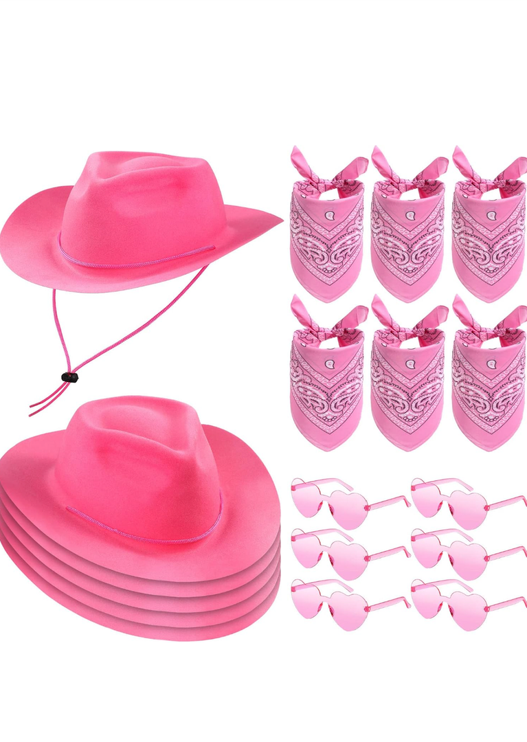 Newcotte 18 Pcs Western Cowboy Plastic Hat Set Include 6 Hats 6 Paisley Bandanas 6 Pairs Heart Glasses for Party
