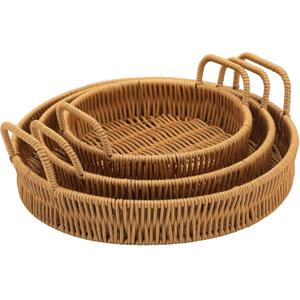 Ferraycle 3 Pcs Rattan Serving Tray with Handles Woven Wicker Tray Round Shallow Rattan Basket Fruit Tray Decor for Serving (Brown)