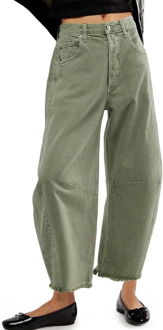 Allimy Womens High Waisted Barrel Horseshoe Baggy Jeans Trendy 2026 with Raw Hem Non Stretch (Green) 10