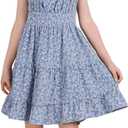 Girl's Summer Dress Floral Ruffle Hem Spaghetti Strap Ruched Bust Cami Short Dress Sundress (Blue) 9Y