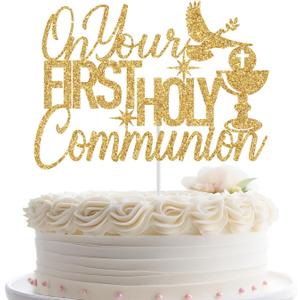 On Your First Holy Communion Cake Topper, Christian Baptism/Baby Shower Cake Decor, Religious Wedding/Bridal Shower Decorations Gold Glitter