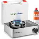 Portable Gas Stove with Case, 12000 BTU Butane Stove with Wind Guard, Single Burner Camp Stove for Home Kitchen, Camping, Picnics, Hiking, Fuel Not Included (Silver)