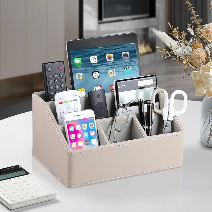 Cretkhp Remote Control Holder with 5 Compartments for Office Art Supplies, PU Leather Nightstand Organizer Pencil Pen Desk Caddy for Home, Desktop TV Remote Control Organizer Storage (Striped Beige)