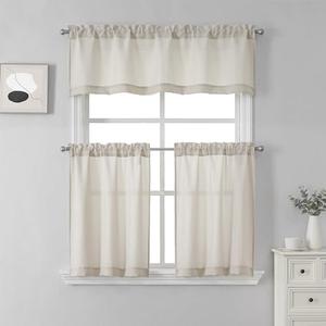 SeeGlee 3 Piece Linen Semi Sheer Kitchen Window Curtain Tiers and Valance Set,24" Long Tiers with Vanlance Light Filtering Energy Efficient Curtain Set for Small Window,Beige