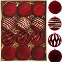 Christmas Ornaments Set of 12, 3.15" Flocked Velvet Balls with Hand Painted Designs, Burgundy Elegant Christmas Tree Decorations in Gift Box