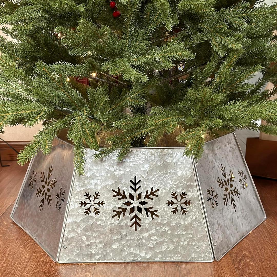 WKHOMEDECO 28" Christmas Tree Collar for Pencil Tree, Metal Tree Collar with Hollow-Out Snowflake Design, Pet-Proof Christmas Tree Collars for Artificial Trees, Secure&Reusable Holiday Decor (Galvanized)