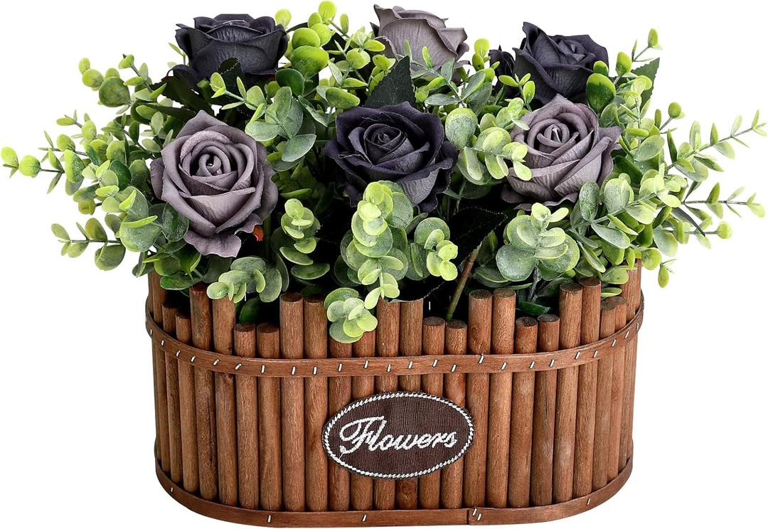 Dining Table Centerpiece Decor - Pre-Made Artificial Flower Arrangement Fake Floral with Wooden Vase for Farmhouse Kitchen Living Room Decorations Halloween (Grey)