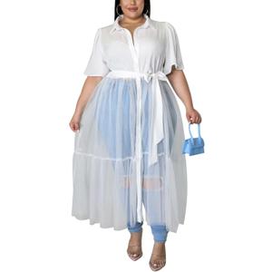 Sunlips Women's Sexy Plus Size Lapel Shirt Dresses Mesh See Through Puff Short Sleeve Flowy Swing Dress Clubwear (4X-Large Plus, 5298/White)