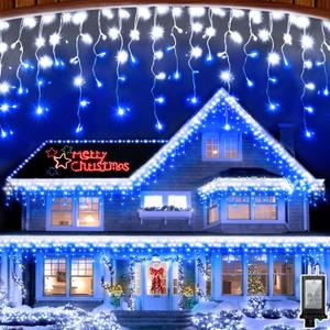 82ft 792 LED 176 Drops Christmas Lights, Outdoor Hanging lights with 8 Modes & Timer Memory, Outsite Waterproof Curtain String Lights for House Fence Tree Holiday Halloween Decorations (Blue & White)