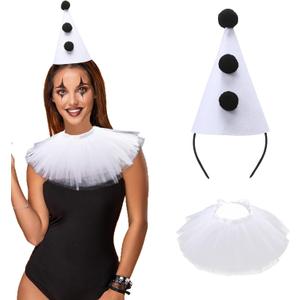 2 Pcs Halloween Clown Accessories for Women Pierrot Clown Hat Headband Jester Hat Vintage Clown Collar Ruffle Collar (Mix)