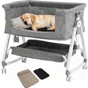 Bedside Dog Bed Co Sleeper- 6-Level Adjustable Elevated Dog Bassinet for Small Dogs & Cats UP to 15 Kg/33 lbs, Pet Bed Attachment to Human Bed, Lockable Wheels, 2 Removable & Washable Cushions