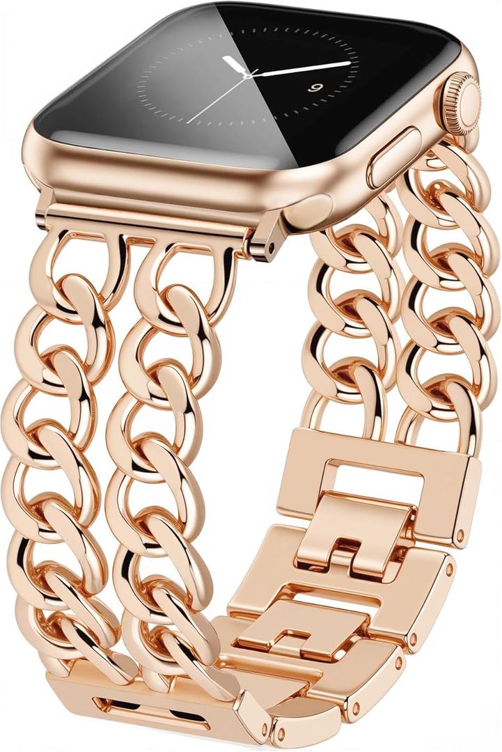 JR.DM Rose Gold Watch Bands for Women Compatible with Apple Watch 38mm 40mm 41mm 42mm (S10/11) Adjustable Metal Cowboy Steel Chain Bracelet for iWatch Series1/2/3/4/5/6/7/8/9/10/11 SE 3/2/1(No Case)