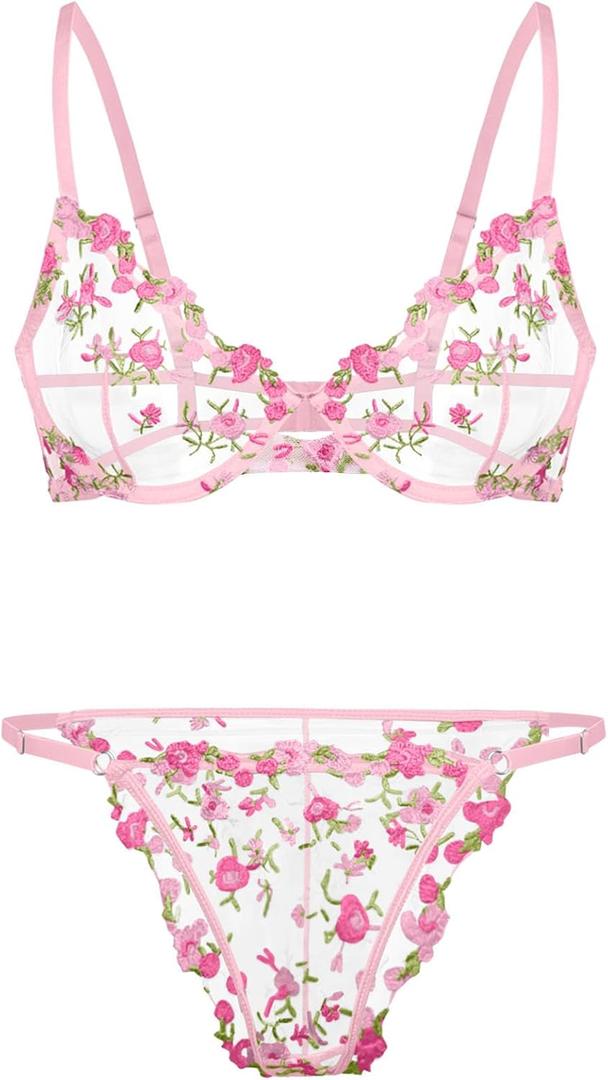 Lilosy Sexy Floral Embroidered Mesh Sheer Underwire Lingerie Set (Pink, S)