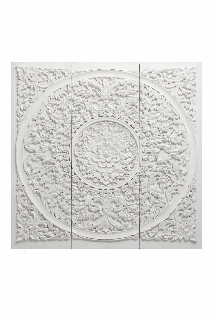 White Mandala Wood Carving Panel, Wall Art Hanging Teak Wood Wall Art Decor Asian Art Thai Wood Lotus wooden Carve Home Decor, 3 Pcs