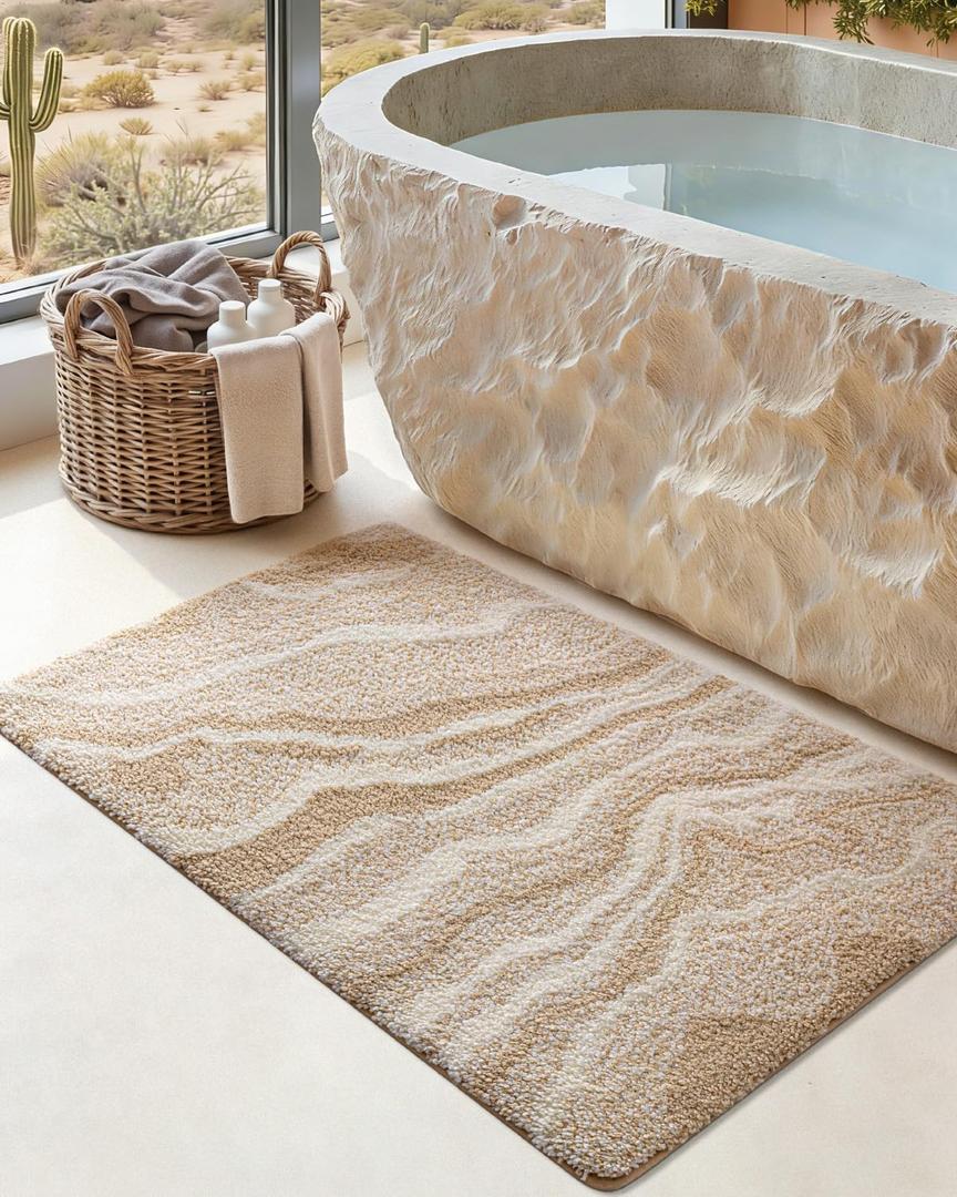 DEXI Bathroom Rug Mat 24x36, Soft and Absorbent Marble Bath Mat, Non Slip Machine Washable Bath Rugs for Shower Floor, Tub, Sink, Beige
