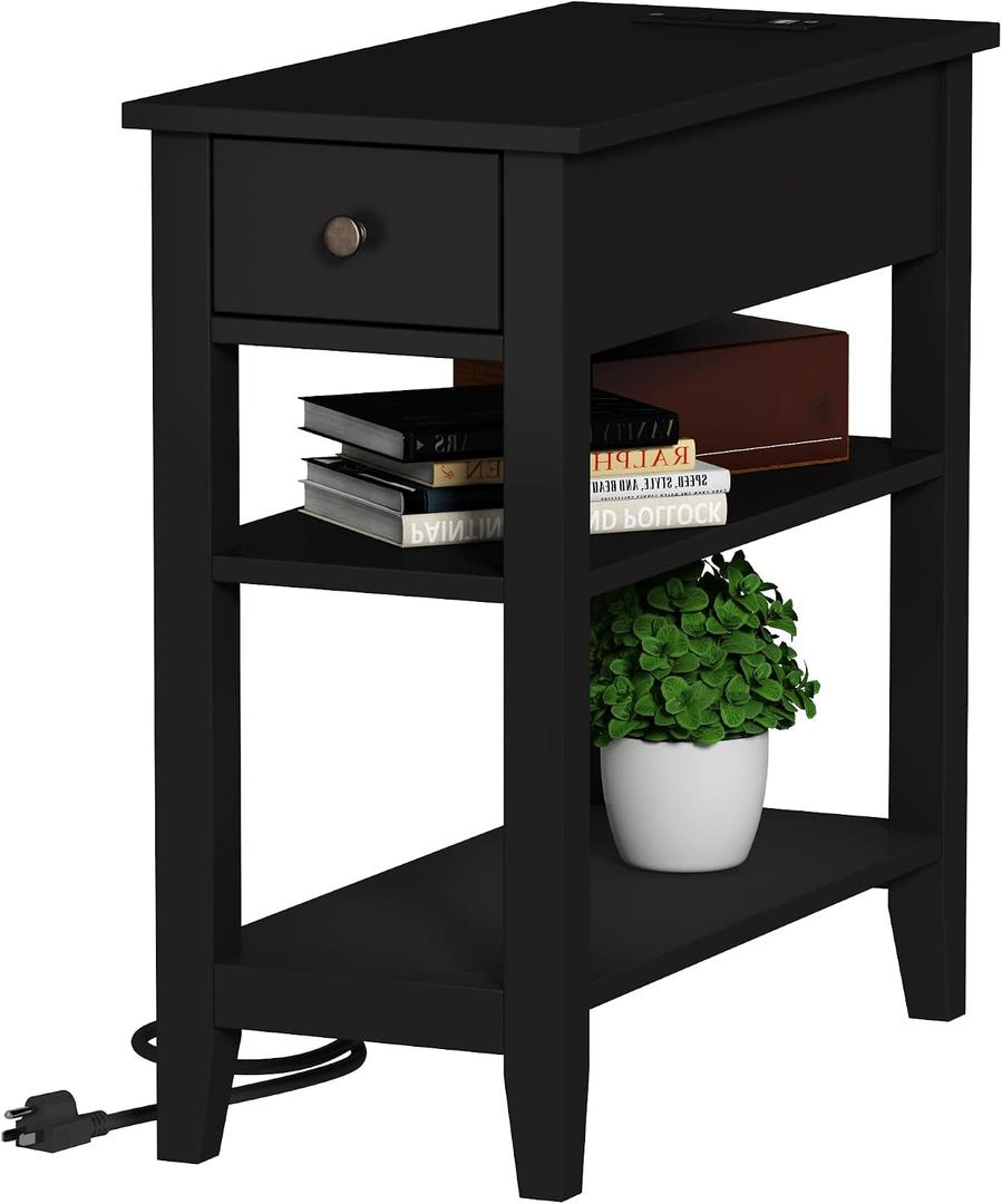 ChooChoo Narrow End Table with Charging Station, Side Table Living Room with USB Ports & Power Outlets and Hidden Drawer, 3-Tier Skinny Nightstand with 2 Open Storage Shelves for Small Place (Black), 11.22"D x 23.62"W x 24.02"H