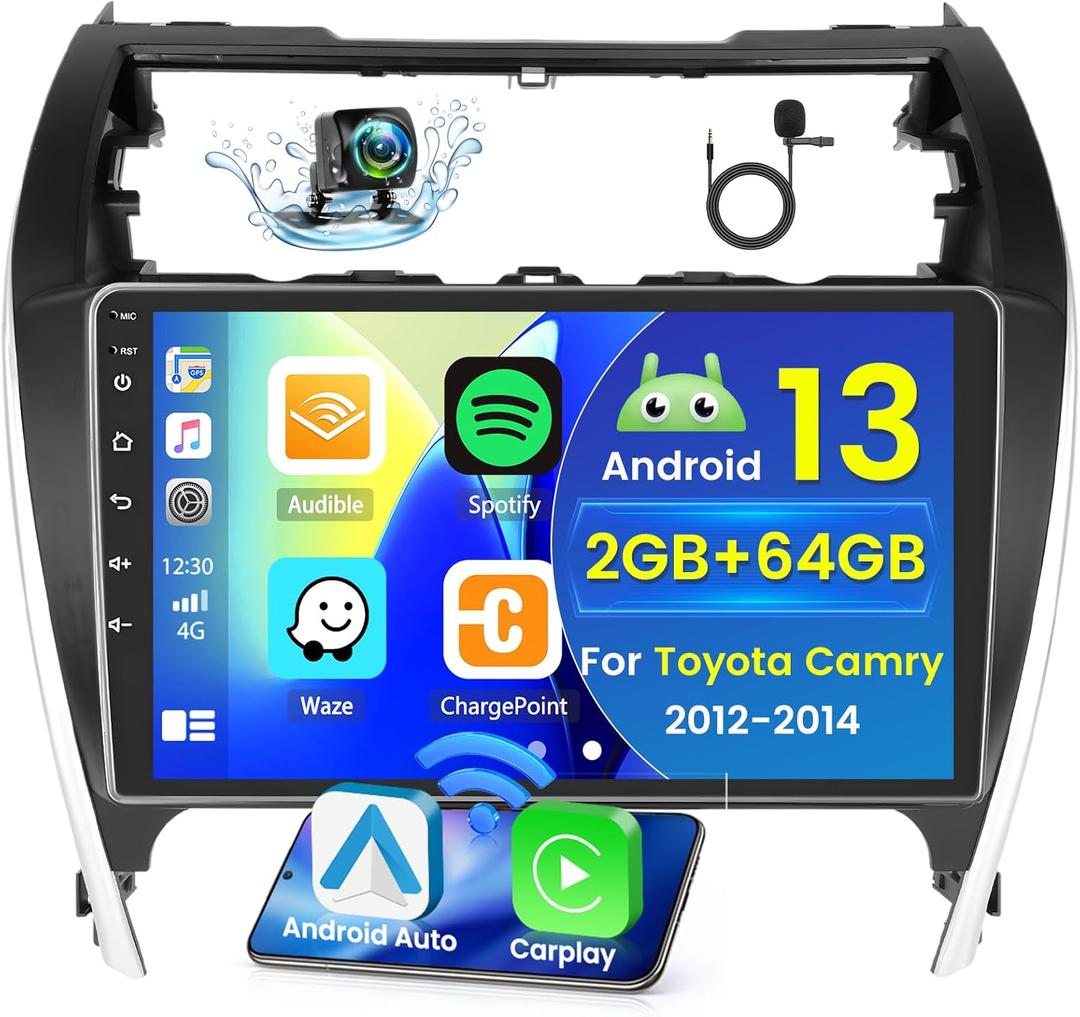 Hikity for Toyota Camry 2012-2014 Android Car Stereo Radio with Wireless Carplay Android Auto, 2+64G 10.1 Inch Touchscreen Radio WiFi GPS Navigation Bluetooth FM RDS EQ Mirror Link