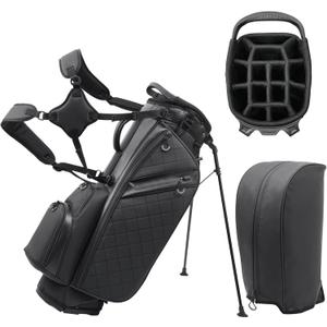 Golf Stand Bag with 14 Way Full Length Dividers Premium PU Leather | Luxury ,Lightweight Waterproof, 6 Pockets & Cooler Pouch, Adjustable Dual Straps, 2 Rain Cover Hood, for men women