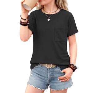 3 x VhicPlevo Girls Short Sleeve T Shirts Kids Summer Crew Neck Tops with Pocket Rolled Cuffs Loose Fit Casual Tees 5-14 Years(13-14, 11-12Y Years,Black, Yellow, (Mix Colors)