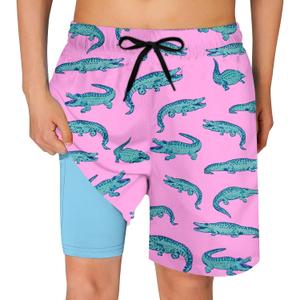 Cozople Boys Swim Trunks Compression Liner Swim Shorts Quick Dry Bathing Suit with Boxer Brief Swimwear 2-20T (5-6 Years, Crocodile)