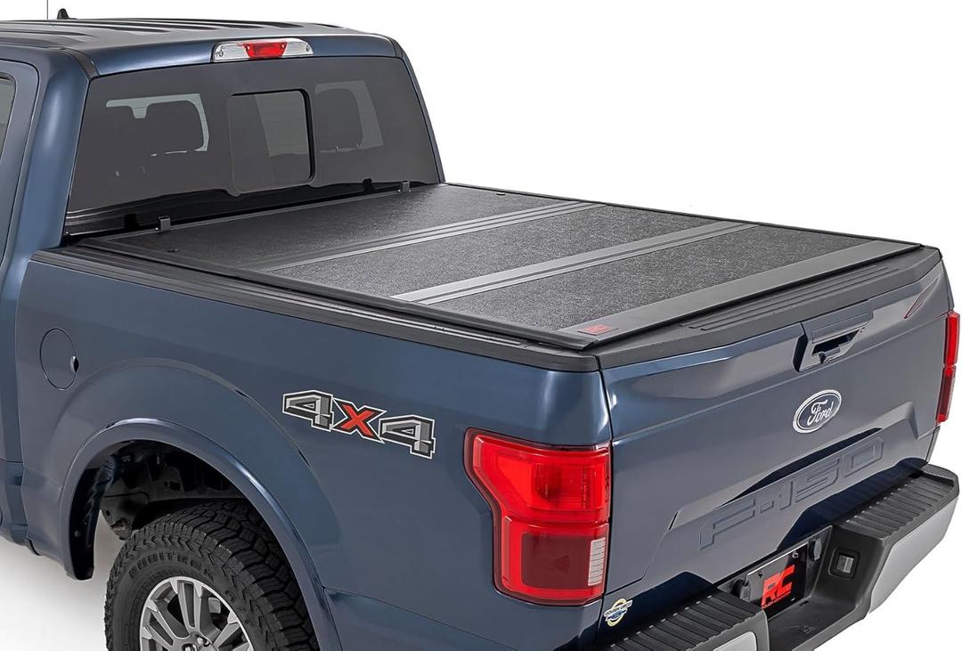 Rough Country Hard Low Profile Tri-Fold Tonneau Cover for Ford F-150 (20212026) & F-150 Lightning (20222026)  Aluminum Truck Bed Cover