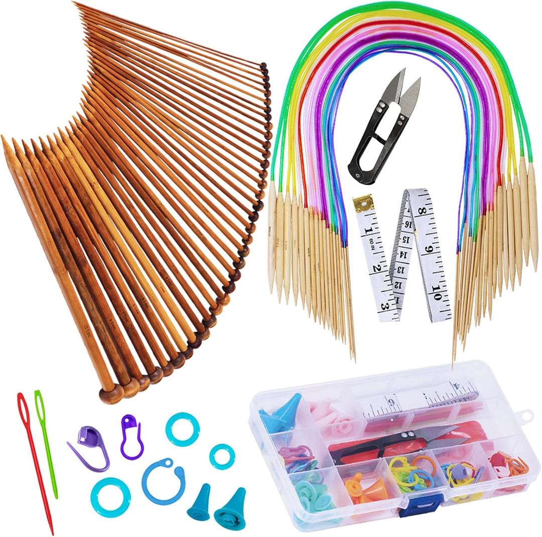 Exquiss Bamboo Knitting Needles Set, 18 Pairs Circular(31.5) Wooden Knitting Needles with Colored Plastic Tube, 36PCS Single Pointed Bamboo Knitting Needle(9.5), Include Knitting Tools for Weaving