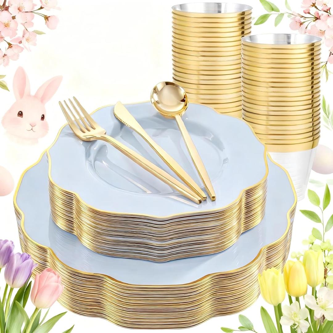 bUCLA 180PCS Blue Plastic Plates - Disposable Light Blue with Gold Rim - Include 30 Each (Dinner & Salad) Plates, 30 Knives, 30 Forks, 30 Spoons, 30 Cups for Party, Easter, Birthday & Shower