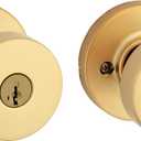 Kwikset Pismo Entry Door Knob with Lock and Key, Secure Keyed Handle Exterior Doorknob, Front Entrance and Bedroom, Satin Brass, Round, Pick Resistant SmartKey Rekey Security, Microban Protection (1 Pack) Satin Brass