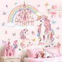 decalmile Large Unicorn Rainbow Wall Stickers Pink Castle Butterfly Wall Decals Baby Nursery Bedroom Girls Room Home Decor