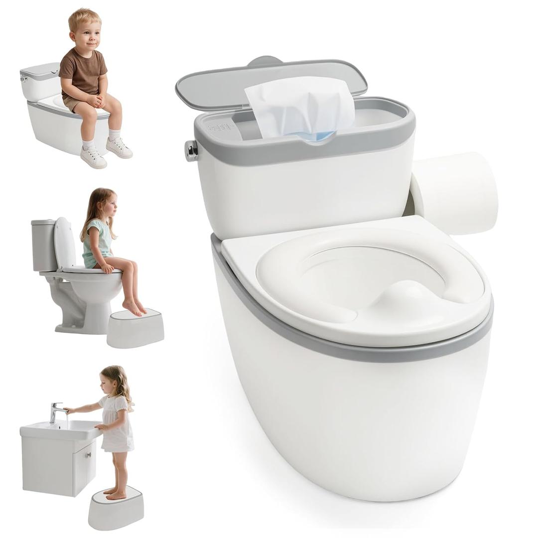 3-in-1 Toddler Potty Training Toilet, for Ages 6 Months+, Realistic Potty Training Seat with Flushing Sound, Wipes Storage, Toilet Paper Holder (Grey White)