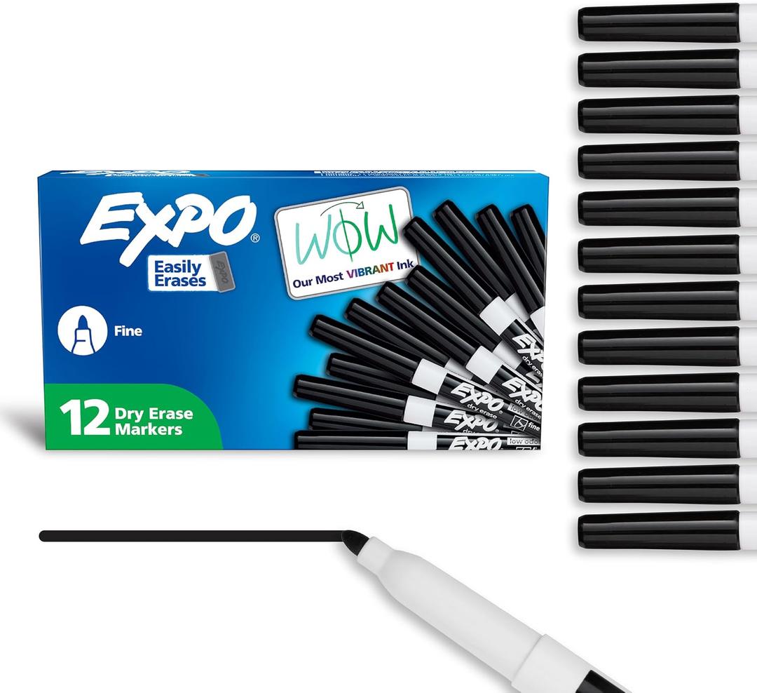 2 x EXPO Dry Erase Markers, Low Odor Ink, Black, Fine Tip, 12 Count - Whiteboard, Calendar, Organization, Essential Supplies for Office, School, Classroom, Teachers