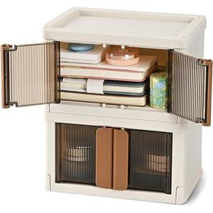 TRZZ Mini Plastic Storage Crate, Desk Organizer with Lid, Foldable Cute Boxes with Door, Stackable Home Organization and Storage Crate for Office, Kitchen, Bedroom, Bathroom, 2 Pack (8.6"x6.1"x5.1")