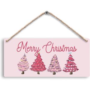 Merry Christmas Pink Christmas Tree Xmas Hanging Wooden Signs 12x6, Pink Xmas Wall Decor, Merry Xmas Sign, Hanging Sign, Tree Wall Decor