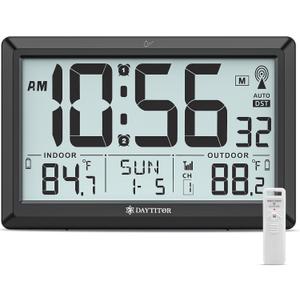 Atomic Clock Wall with Indoor/Outdoor Temp, Battery Operated Digital Wall Clock with 10.5" Large LCD Display, 330ft Range Desk Table Clock with Alarm, DST, Calendar for Living Room Bedrooms, Black