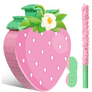 Aoriher Small Strawberry Pinata Summer Fruit Pinata with Stick Blindfold for Girls Boys Kids Fruit Strawberry First Birthday Party Favor Decor Baby Shower Activity Game Supplies, 16 x 12 x 3 Inch