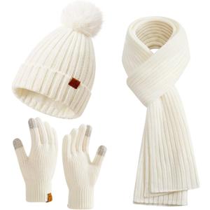 Coolprince Womens Long Scarf Gloves and Hat Set Cold Weather Hat Scarf Glove Set for Women Winter Beanie Hats with Pom Pom (One Size, White)