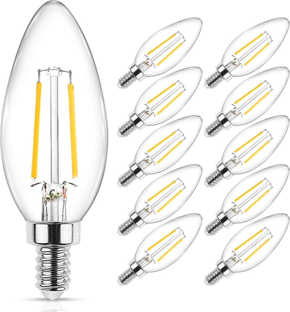 Ascher Classic E12 LED Candelabra Light Bulb 4W, Equivalent 40W, Warm White 2700K, Non-Dimmable, Clear Glass Filament Chandelier LED Bulbs, E12 Candelabra Base Candle Light Bulbs, Pack of 10