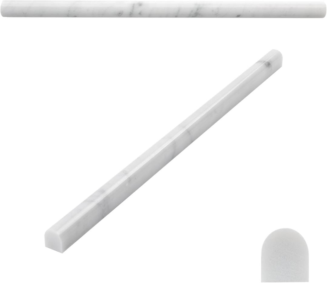 15 Pack Carrara White Marble Pencil Trim Liner, 3/5"X12" Bullnose Tile Edge Trim Polished for Bathroom Kitchen Shower Livingroom