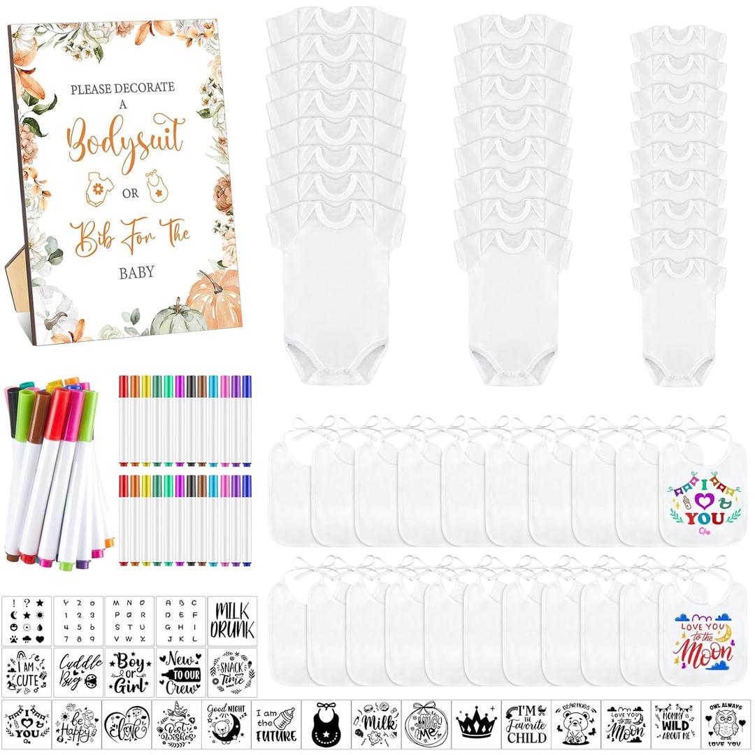 Panitay 100 Pcs Blank Bib Bodysuit Baby Shower Set Baby Shower Sign Blank Feeder Bib DIY Bodysuit Fabric Colorful Marker(Fall Pumpkin)