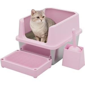 RIZZARI Cat Litter Box: Pink Stainless Steel Odor Control Pan - Easy Clean Non-Porous - 11.6" High Sides Anti-Scatter - Open Top for Fast Scooping - with Scoop - Apartment Bathroom/Laundry Room
