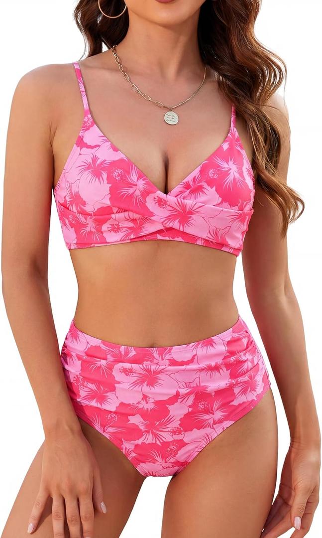 ZAFUL Women High Waisted Bikini Sets Two Piece Swimsuit Push Up Twist Front Ruched Bathing Suit (X-Small, Rose Red Print)